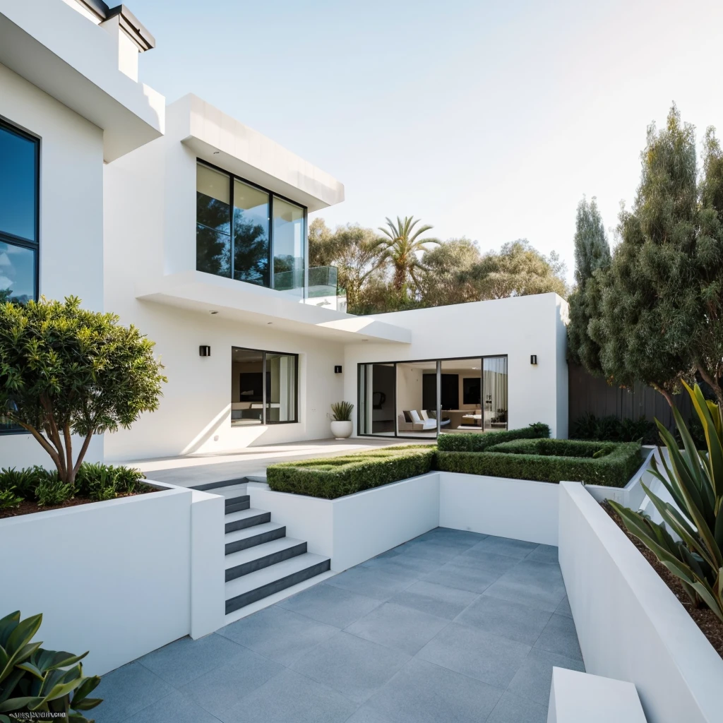 realistic photography. natural light. architectural Digest magazine quality photo. houzz photo. beautiful exterior looking into a front door. Ultra modern , curvy, luxury, ultra modern, plush home. flat roof, marbella, popular exterior home style. Scandinavian. entrance that has a curved wall which encompasses small front yard. white stucco. peaceful potted plants at entrance. sunny day.