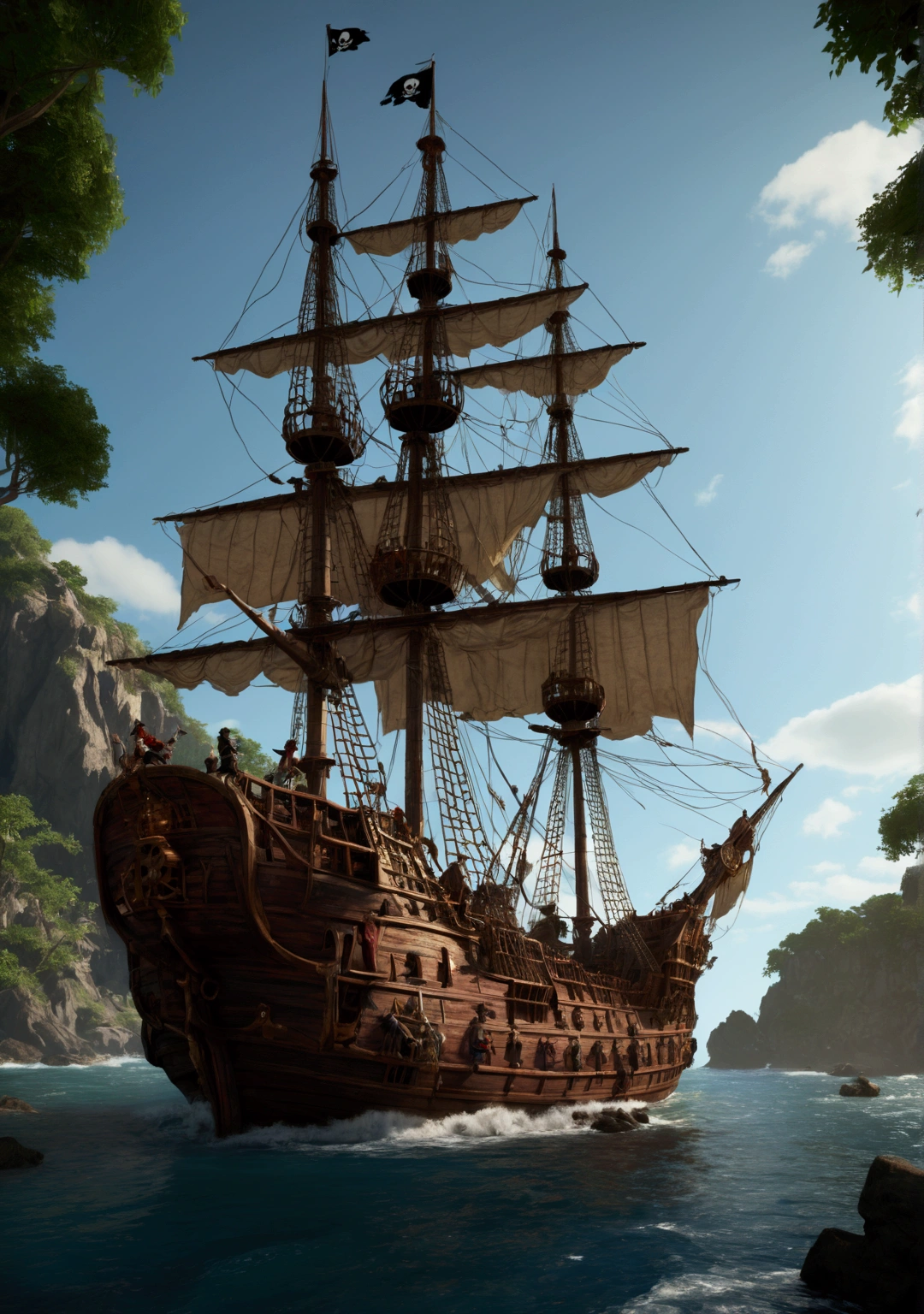 I just want a Pirate Ship, FantasyStyle, dvd screenshot, cinematic lighting, realisitic