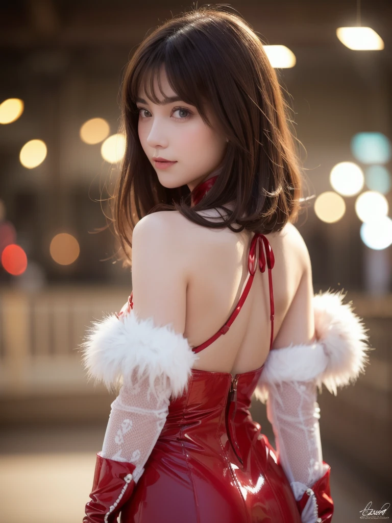 A stunning portrait of Anna Dittman-like beauty, dressed in a fitted red and white dress with fur trim, wide sleeves, and gloves, set against a darker bokeh background. Her long ash-brown hair cascades down her back as she gazes directly at the viewer with a captivating smile (1, 4). Her realistic violet eyes sparkle with intrigue. The focus is sharp, highlighting the intricate details of her outfit, from the delicate patterns to the subtle texture of the fur trim. A stunning example of hyper-detailed close-up photography.latex