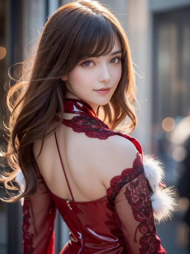 A stunning portrait of Anna Dittman-like beauty, dressed in a fitted red and white dress with fur trim, wide sleeves, and gloves, set against a darker bokeh background. Her long ash-brown hair cascades down her back as she gazes directly at the viewer with a captivating smile (1, 4). Her realistic violet eyes sparkle with intrigue. The focus is sharp, highlighting the intricate details of her outfit, from the delicate patterns to the subtle texture of the fur trim. A stunning example of hyper-detailed close-up photography.latex