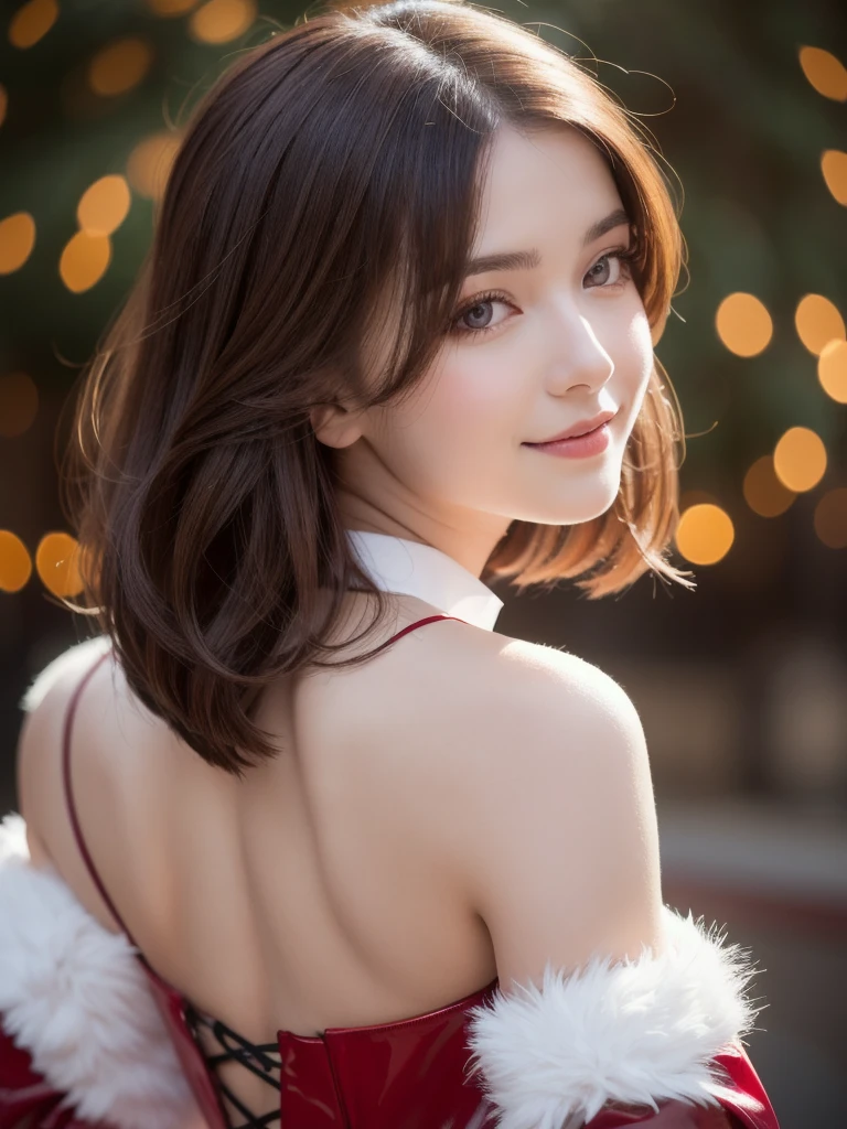 A stunning portrait of Anna Dittman-like beauty, dressed in a fitted red and white dress with fur trim, wide sleeves, and gloves, set against a darker bokeh background. Her long ash-brown hair cascades down her back as she gazes directly at the viewer with a captivating smile (1, 4). Her realistic violet eyes sparkle with intrigue. The focus is sharp, highlighting the intricate details of her outfit, from the delicate patterns to the subtle texture of the fur trim. A stunning example of hyper-detailed close-up photography.latex