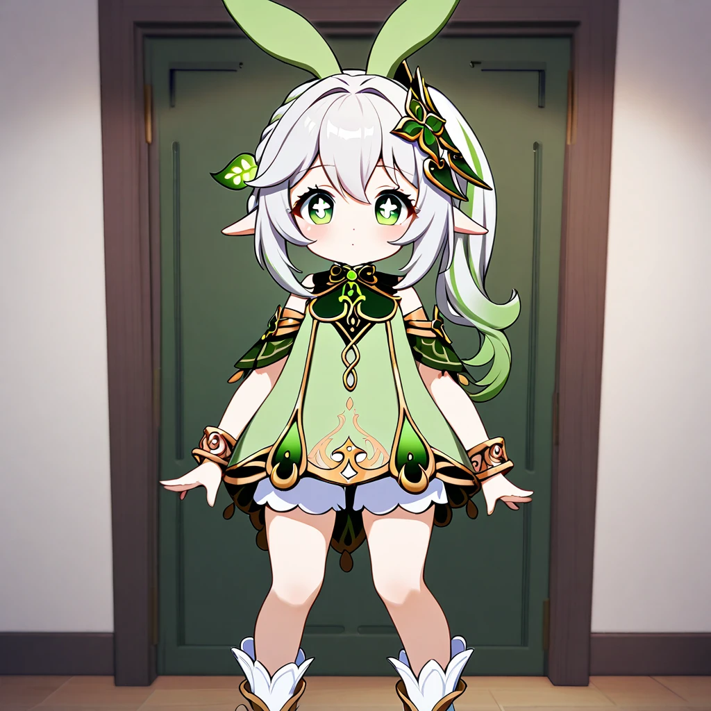 nahida(genshin impact),1girl,solo,green bunny girl cosplay,looking at viewer,near,standing up,in room