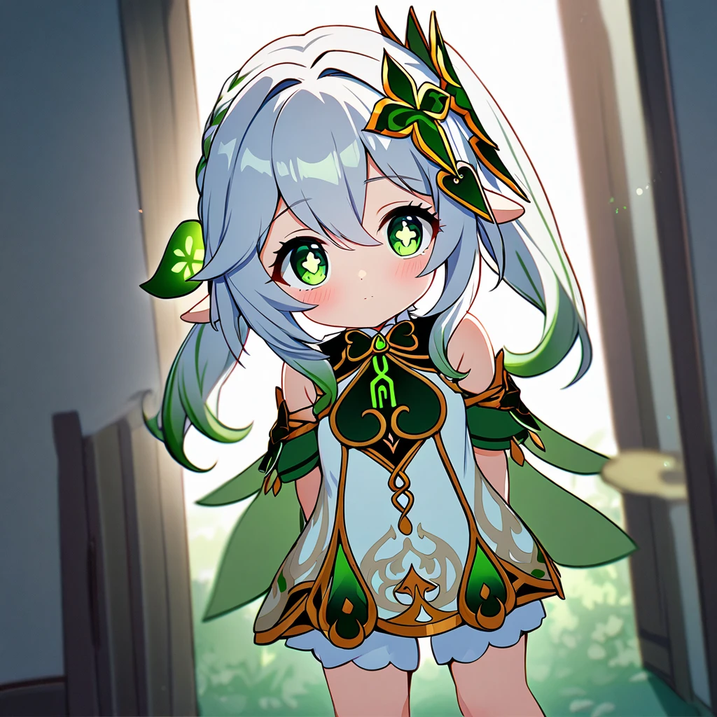 nahida(genshin impact),1girl,solo,green bunny girl cosplay,looking at viewer,near,standing up,in room