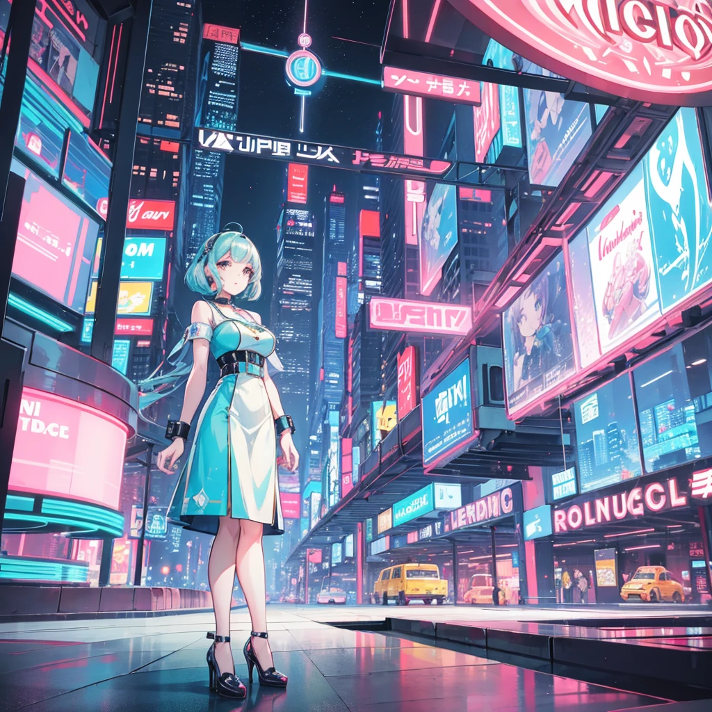 A retro-futuristic girl with a vintage hairstyle and chrome accessories, standing in a 1950s-inspired futuristic city. The cityscape features flying cars, monorails, and towering skyscrapers with neon signs in vintage typography. She wears a pastel-colored outfit with a mix of mid-century modern and futuristic design elements. The scene is nostalgic yet forward-looking, blending the charm of the past with the possibilities of the future.