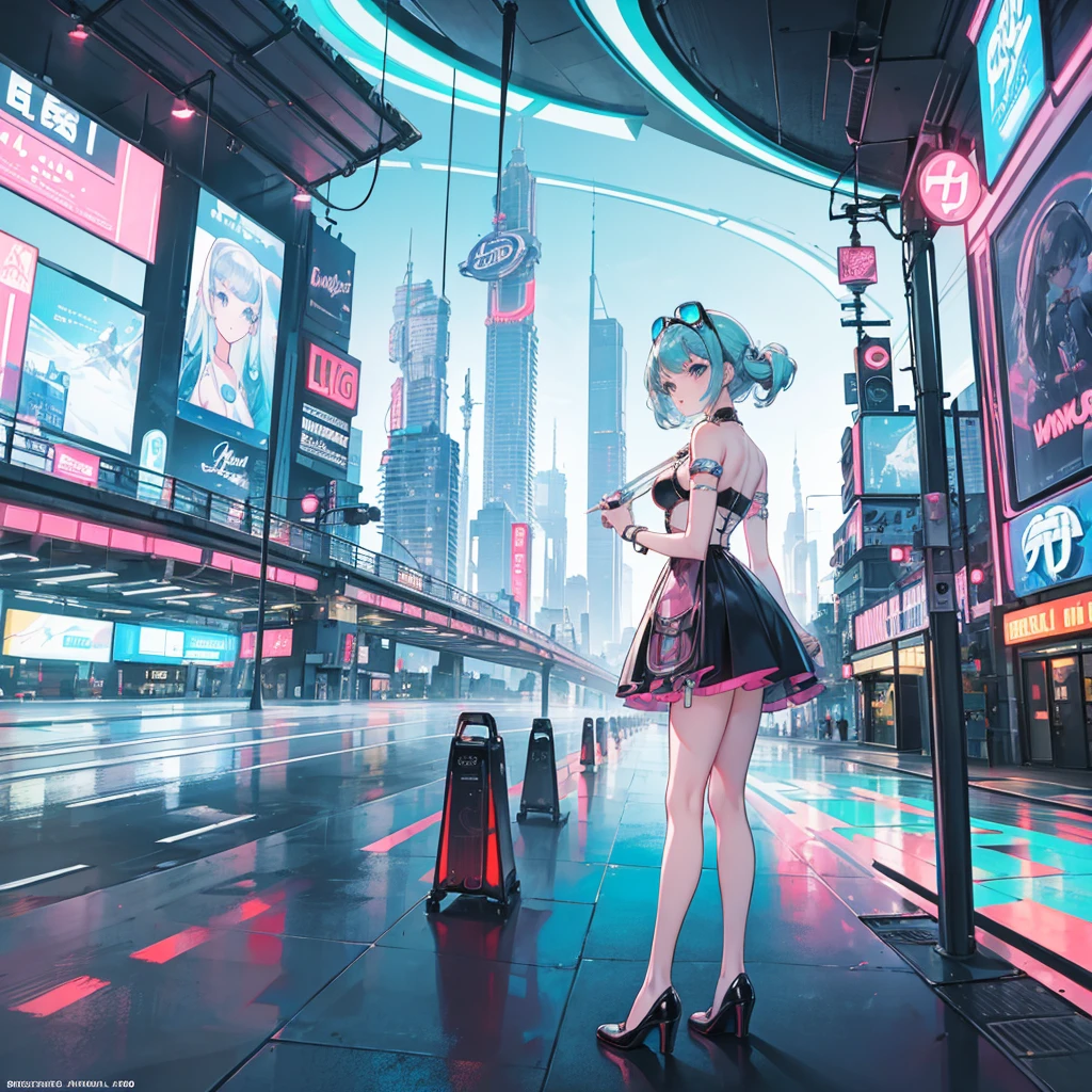 A retro-futuristic girl with a vintage hairstyle and chrome accessories, standing in a 1950s-inspired futuristic city. The cityscape features flying cars, monorails, and towering skyscrapers with neon signs in vintage typography. She wears a pastel-colored outfit with a mix of mid-century modern and futuristic design elements. The scene is nostalgic yet forward-looking, blending the charm of the past with the possibilities of the future.