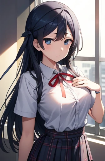 setunayuuki, Setsuna Yuuki, (Iris:1.5), Black Hair, Long Hair, One side up, (Mid-chest:1.2), 
break armband, blue Best, button, collared shirt, dress shirt, grey skirt, neck ribbon, Nijigasaki Academy uniform, Plaid, Plaid skirt, pleated skirt, red ribbon, ribbon, , shirt, Short sleeve, skirt, Summer uniform, Best, white shirt,Large Breasts、
break looking at viewer, 
break indoors, classroom, 
break (masterpiece:1.2), Highest quality, High resolution, unity 8k wallpaper, (figure:0.8), (Beautiful attention to detail:1.6), Highly detailed face, Perfect lighting, Highly detailed CG, (Perfect hands, Perfect Anatomy),