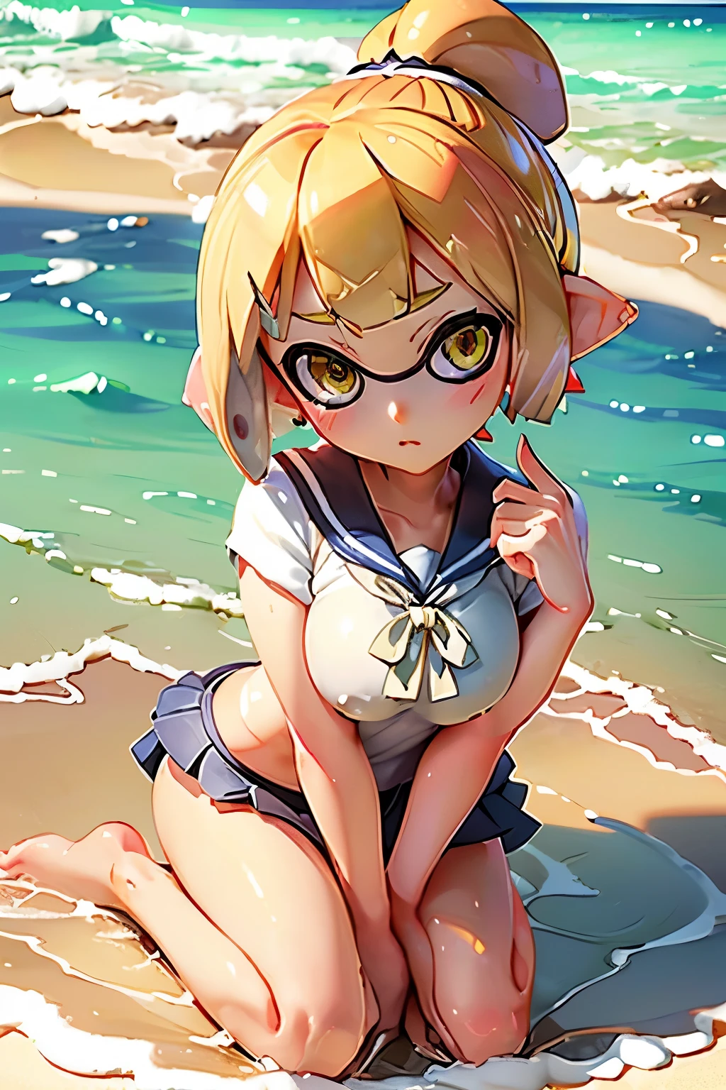 Highest quality、High resolution、Detailed Background、Real Anime、3d、(beautiful face in every detail:1.4)、Anatomically correct、(Draw the normal number of fingers:1.2)、(Detailed facial expressions)、(Detailed eyes:1.2)、(Detailed eyes:1.2)、Splatoon Girl、3girl、beautiful, Glowing Skin、age Beauty、(Highly detailed face:1.4)、Cute hair colors、ponytail、Bobcut、Braided long hair、Wavy Hairstyle、well-groomed eyebrows、Cute Eye Makeup、Golden Eyes、Cute Lip Makeup、Big Breasts、Short-sleeved white sailor suit、White sailor collar、Checkered Pleated Skirt、Jokingly、Do cute things、Sunny sea background、Walking barefoot on the sand、Big smile、sexual expression、Fits on one screen、
(友達と楽しんでいる3人のbeautiful女の子:1.5)