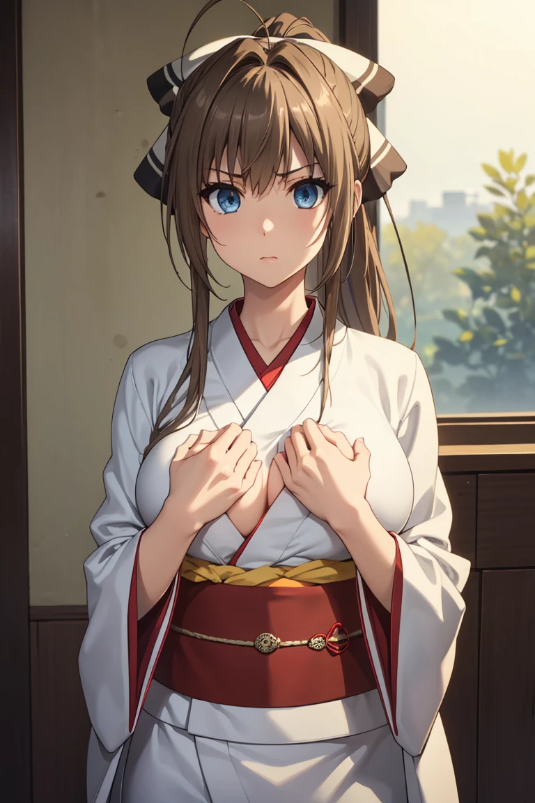 SentoIsuzu,brown hair, brown eyes, long hair, antenna hair, ponytail, hair bow,large breast,
BREAK (White_kimono:1.2),
BREAK angry looking face、Shyness、up chest、solo,、breastsout(camel's toe)、highleg,
BREAK (masterpiece:1.2), best quality, high resolution, unity 8k wallpaper, (illustration:0.8), (beautiful detailed eyes:1.6), extremely detailed face, perfect lighting, extremely detailed CG, (perfect hands, perfect anatomy),