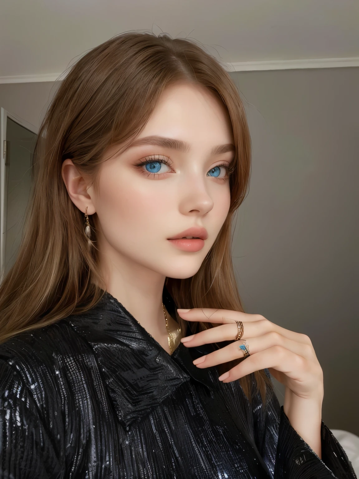 Caucasian woman; ((black hair)), wavy hair, ((long hair)), hair parted in the middle; ((blue eyes)), ((lined eyes)), ((highlight blue eyes)), shiny eyes; (eyes with reflection), ((red lipstick)), (((lips with gloss))), makeup; smile, (athletic body), ((medium breasts)), ((hot pink color dress)); earrings, necklace, bracelets; high quality, artistic shot, standing, soft light, in luxury home, side view.