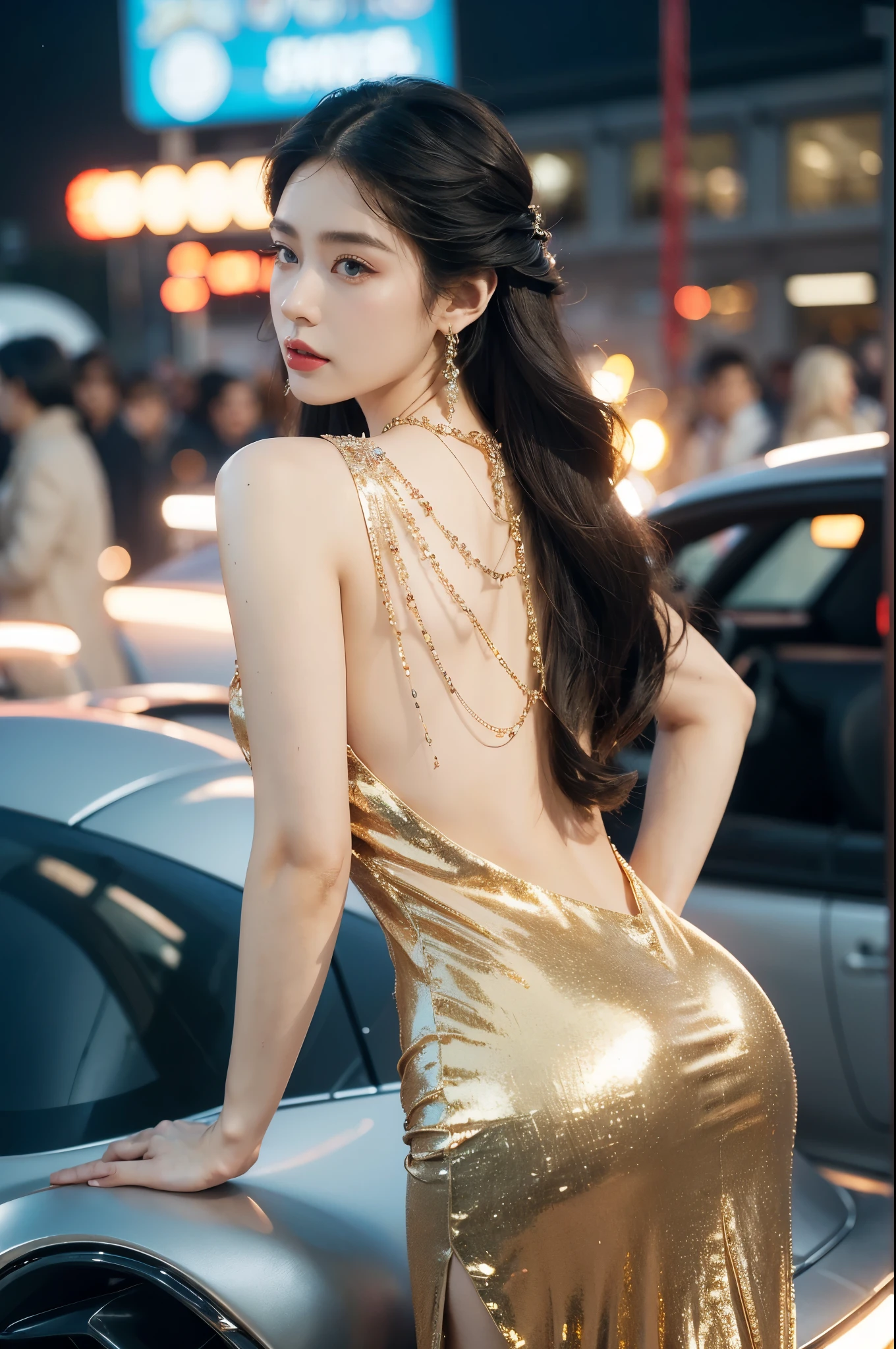 (((best quality))),(((ultra detailed))),(((masterpiece))),illustration,((1girl,gorgeous female model,solo)),((earrings,crystal necklace)),((slim,thin)),((bare back,towering hips,butt crack)),(standing:1.3),(beside a sleek futuristic car:1.3),(glamorres sparkled gown:1.3),intricate embellishments,drop-dead gorgeous,(shoulder length straight hair:1.2),vibrant piercing eyes,delicate facial features,rosy cheeks,parted res lips,confident allure,beauty grace,intricate patterns,shimmering fabric,elegant draping,complementary skin tone,radiates beauty,allure,sleek streamlined design,futurism,smooth curves angles,ambient lighting,ethereal aura,intricate patterns,LED lights,glow,sea of activity,(surrounded by crowded crowds:1.3),examine cars,electric atmosphere,cyberpunk style,excitement anticipation,energy palpable,enthusiasm future automobiles,modern elegance,technological innovation,captivating vibrant scene,invite viewers step into future,embrace beauty,((from back,upper body))