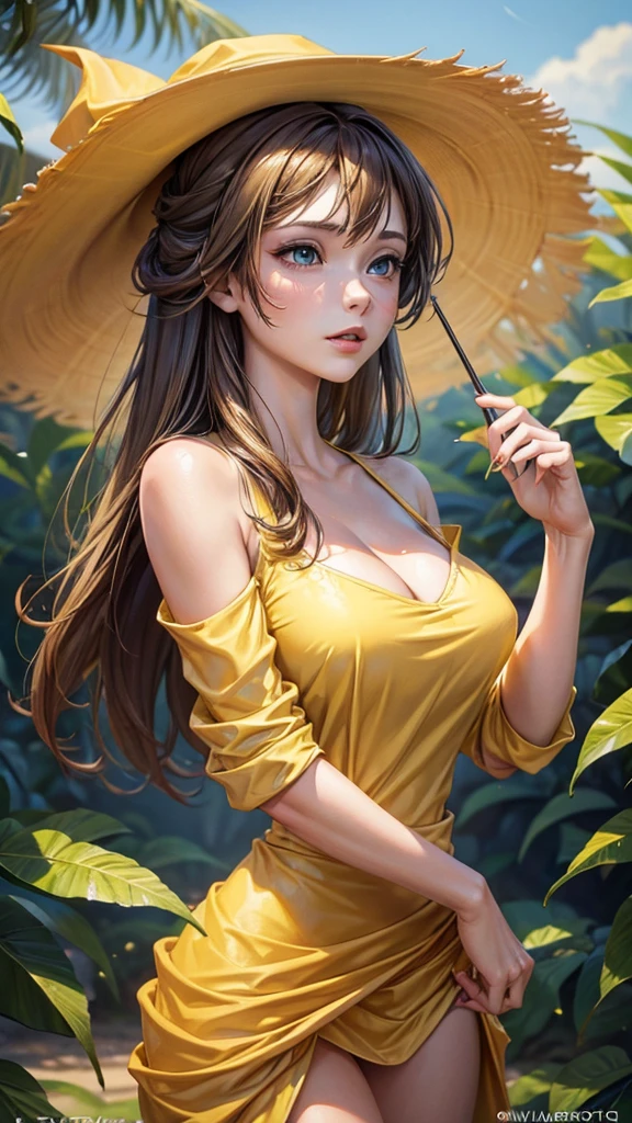 A girl in a yellow dress, with brunette hair and a yellow hat, named . She has a sexy and attractive appearance. Her blouse is open, revealing her big and appealing breasts.  The medium used to depict this artwork is oil painting, ensuring a high-quality and detailed result. The painting style is realistic and photorealistic, with vivid colors and sharp focus. The overall lighting is well-balanced, illuminating the scene beautifully.