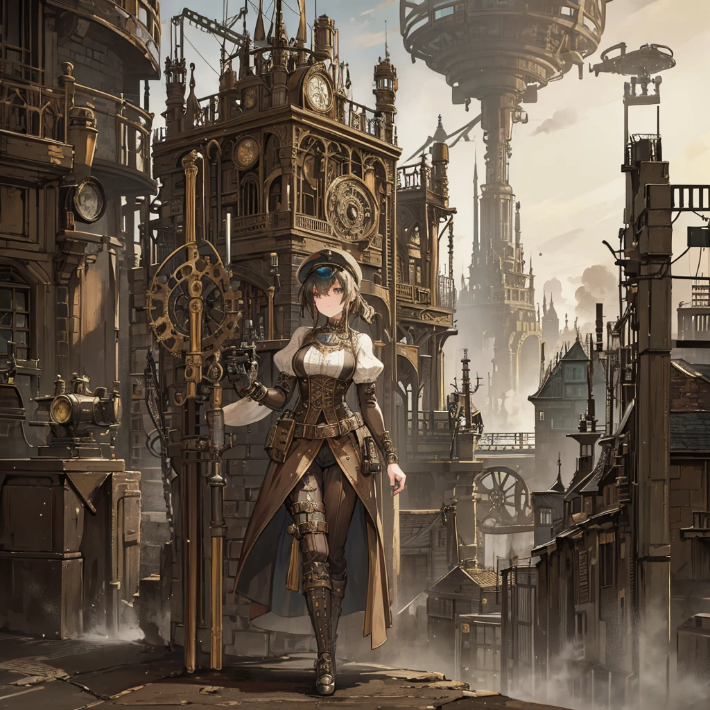 A steampunk girl with goggles and a mechanical arm, standing in a Victorian-era city filled with steam-powered machines and airships. Her outfit is a mix of Victorian fashion and futuristic technology, with gears and cogs integrated into the design. The cityscape is detailed with intricate mechanical structures and sepia tones, creating a rich, immersive steampunk atmosphere.