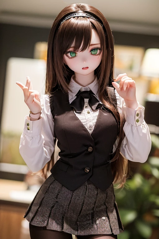 (SFW:2), photorealistic, realistic photo, 8k, ((highest quality)), ((masterpiece)), (extremely detailed), kukolnydom, doll, (mature woman, 21yo, 21 years old, solo:1.6), ((cowboy shot, dynamic pose, slim, slender, skinny, , hairband, ascot, vest, shirt, puffy sleeves, pleated skirt, black pantyhose)), (green eyes, brown hair, long hair, plastic skin, looking at another, glass eyes, gradient eyes, shining eyes, detailed eyes:1.3)