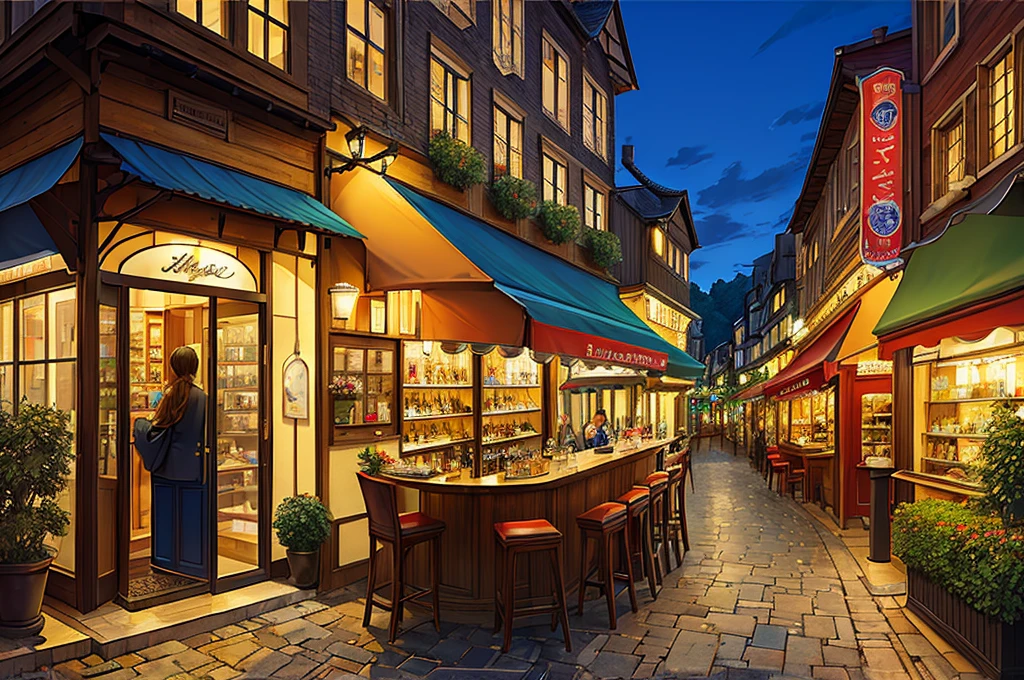 (masterpiece, Highest quality, Highest quality, Official Art, beautifully、aesthetic:1.2), Europe、French cityscape、beautiful、Chill-out bar counter,Stylishな風景、City of night、Night Scenery、bustling street、Adult atmosphere、Stylish、 Very detailed,Most detailed, Optical Hybrid, Playful patterns, Vivid texture, Unique visual effects