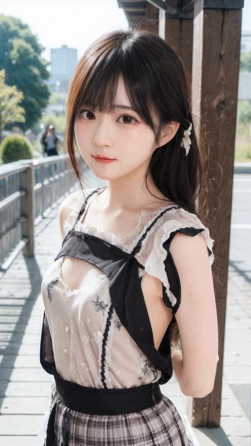 A beautiful girl with a super cute face and a tsundere personality、The highest standard of ultra-high definition full-body photos、(Small face)、No makeup、Sexy lips、Chignon hairstyle、ChestＴshirt、Gingham check pleated skirt、bust８８CM、Waist４７CM、Hip８５CM