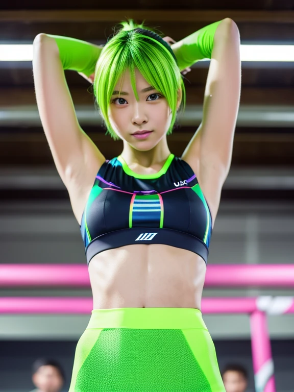 Best quality 8k resolution Ultra detailed Bright neon green competition sportswear Serious facial expression Cute beauty Abs Arms up Very short hair High waisted tights Flat chest Japanese Sharp focus Track and field club Very short hair 27 years old Sweating