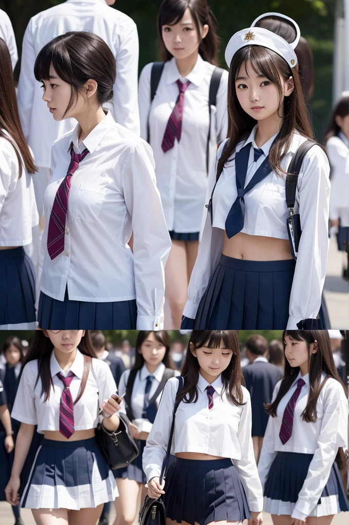 , 非常にdetailed cute girl, 20-year-old, ((highest quality、perfect extreme facial details)、(stand:1.5)、(((((Taken from the oak))))、detailed cute girl, 20-year-oldが振り返る、(When I lift up my short navy blue skirt、full nude下半身, I can see your crotch.:1.8)、(Beautiful breasts visible from the short-sleeved white shirt pulled down to the chest.:1.8)、Show ears、naked girl photoshoot、full nude、A face defeated by sadness、embarrassed and troubled face、crying eyes are full of tears、my eyes are wet with tears、I cry a lot、Take off your panties、Lower panties、nipples wet with saliva , half body shot , (crowd), (crowded park) , Pee、Shyness
