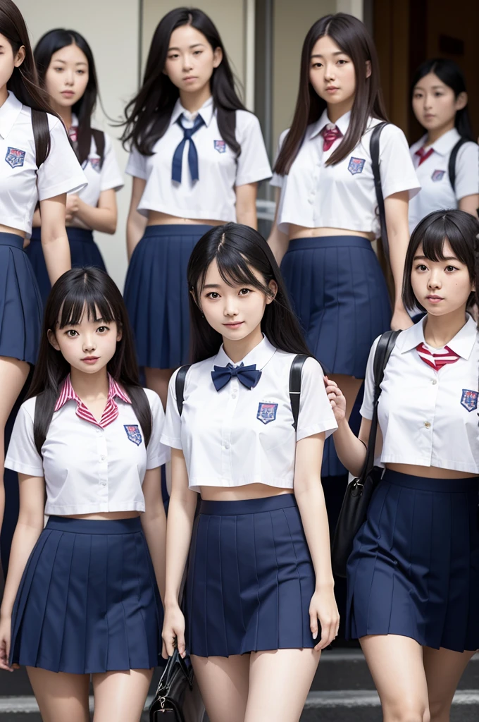 A large group of Japanese schoolgirls in uniform skirts and cropped tops