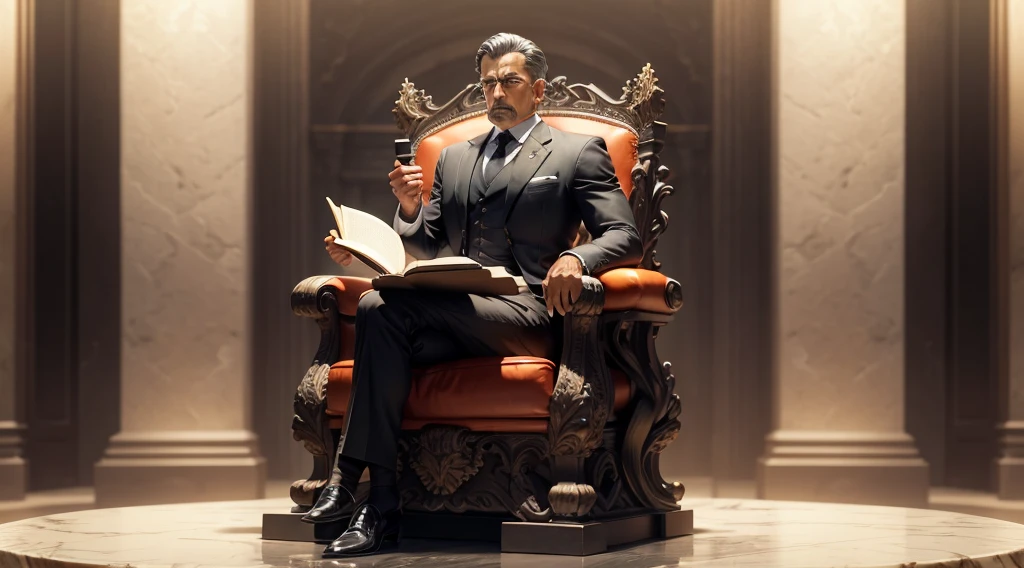 Sculpture of a rich and highly detailed executive man sitting on a stone chair, Position of authority Holding an open book titled The Wall Street Handbook of Wealth