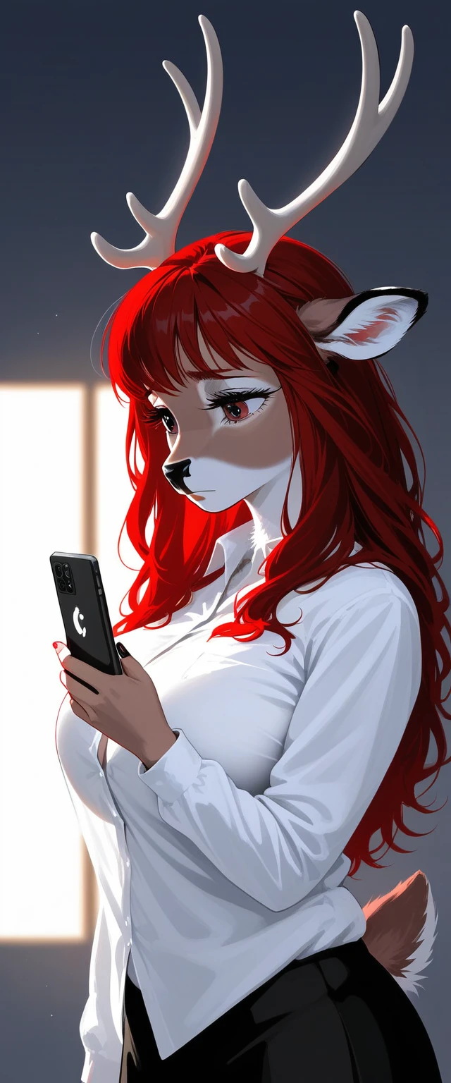 masterpiece, Best quality, antro, Furry, deer, Doe, long eyelashes, plump, big breasts, big butt, Red hair, bob hair, cinematic lighting, Scattered light, a high resolution, high detail, ultra realistic, sad, pensive, Looking into the distance, Holding a phone in his hands, dressed in a white shirt