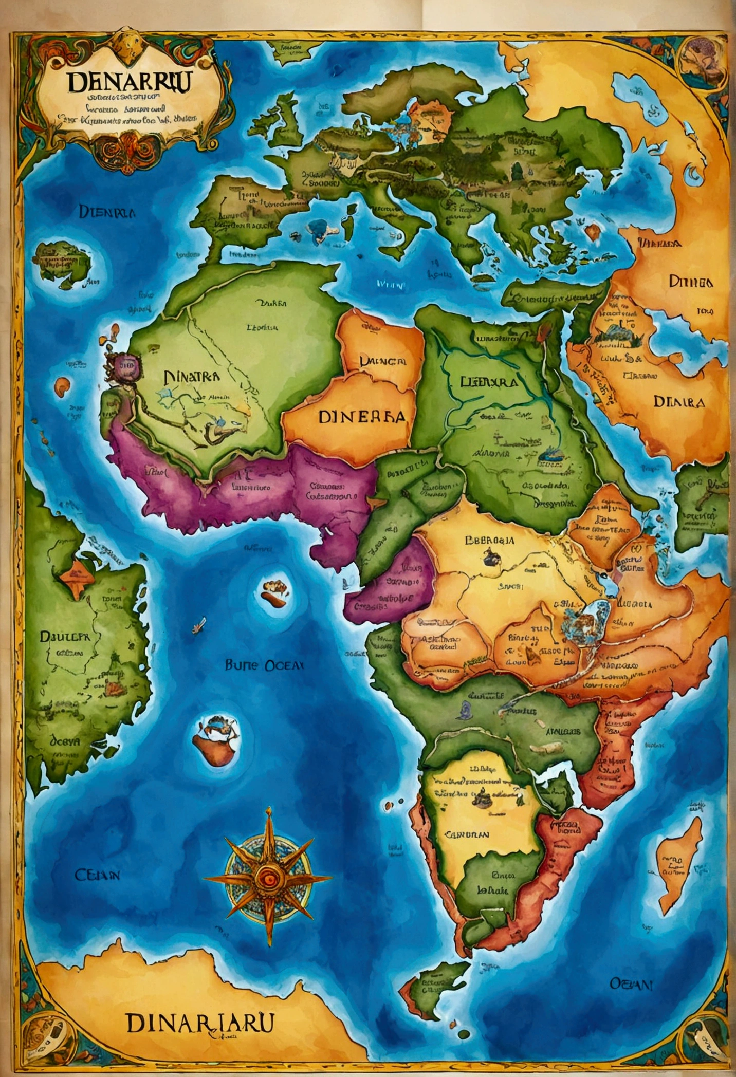 fantasy world map continents: Denarru, Merrou and Dinarra, on Denarru there are 23 Kingdoms, including the Empire of Babylon, the Lebenis ocean stretches around the continents