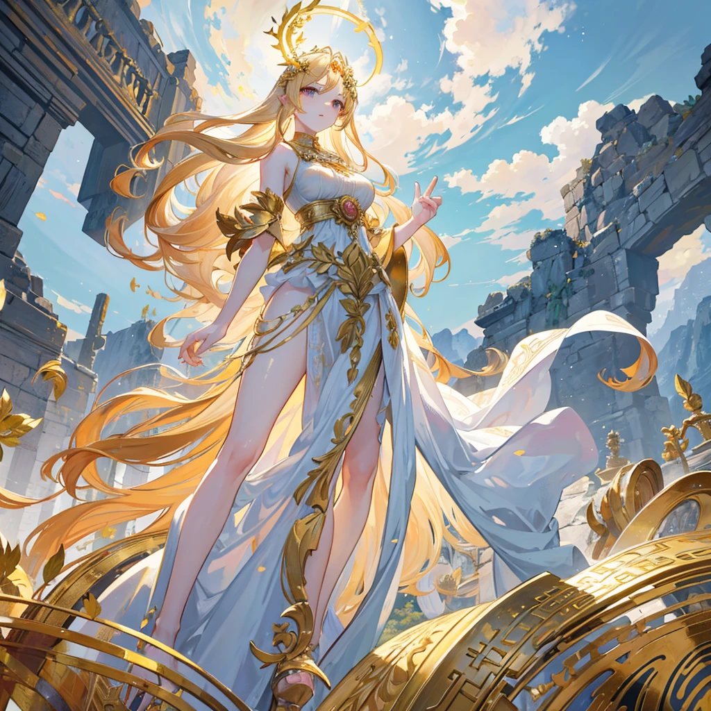 A mythological girl with flowing golden hair and a crown of laurel leaves, standing on Mount Olympus. She holds a golden lyre and is surrounded by Greek gods and goddesses. The scene is illuminated by divine light, with clouds and marble columns in the background. The style blends  with modern digital techniques, creating a timeless, majestic image.