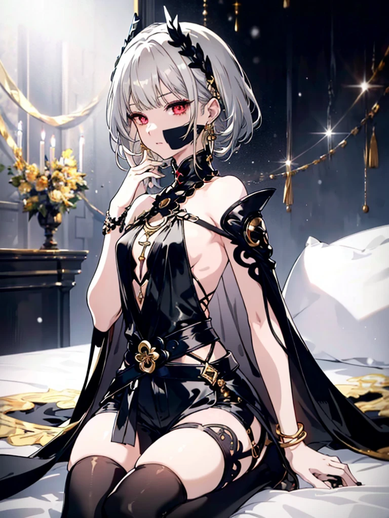 8k,High resolution RAW color art,Anime Art,Silver Marble Skin, (((Very detailed and cool))), Detailed skin, Bokeh、texture,(Exquisitely crafted, The finer details, Ultra-detailed art), (((1 girl))), Depth of written boundary, Silky Touch, Hyper Detail, (((Cool face))), eye shadow, Beautiful detailed red eyes, Beautiful lip detail, Highly detailed face, Delicate depiction of hair and eyes, Detailed Fashion, Golden Earrings,Full body depiction, Black half top、(((Shoulder Bare)))、Black shorts、Waist Cloak、Black thigh-high tights、Golden decoration, Light gray hair, Golden bracelet, Straight Hair、Short Hair、(((Hair)))、Black theme、snow、Side view、look down、cloth、Clear face、bed