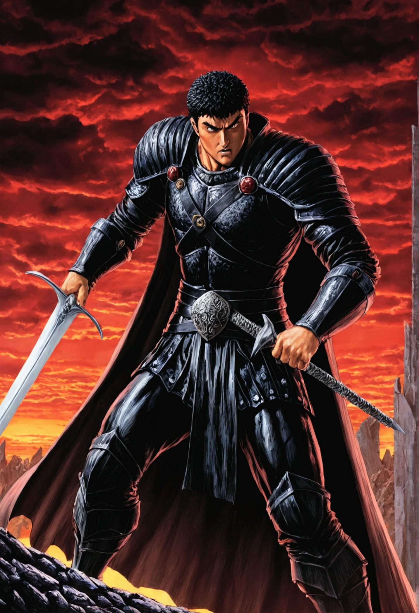 guts, berserk, fighting zod, mount of swords, fight scene, Action, Mediovale, ダークファンタジー, miura,