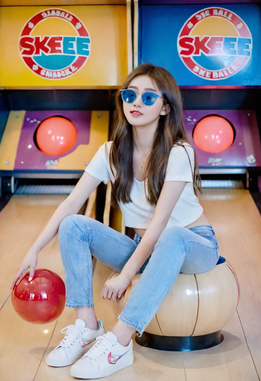 A young girl with long hair sits casually on a skee-ball machine in an arcade. She is wearing a white crop top, ripped light blue jeans, and white sneakers. She has sunglasses on and strikes a confident pose. The background features colorful skee-ball machines with bright lights and vibrant colors.