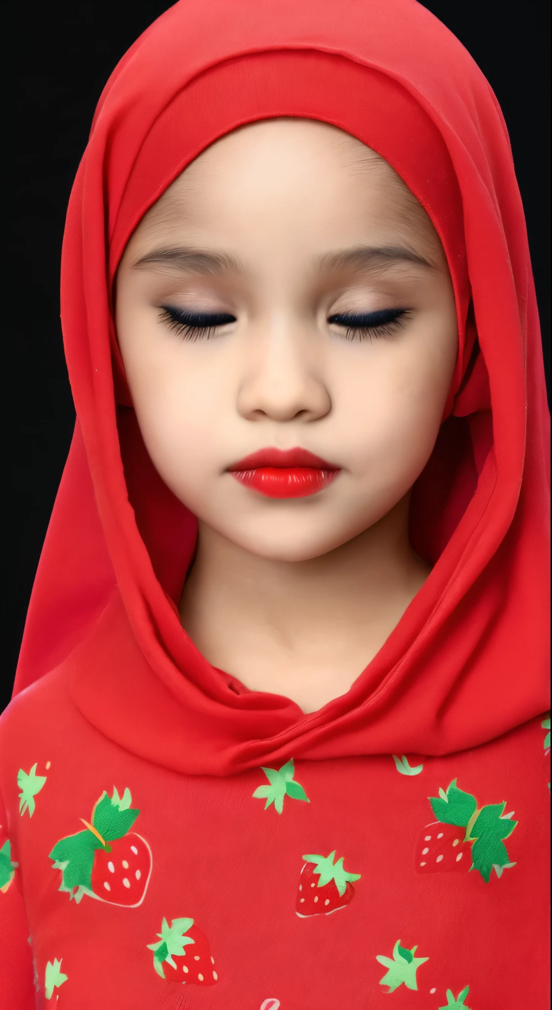 Is Syafika a Malay girl wearing a red satin baju kurung and a hijab.
