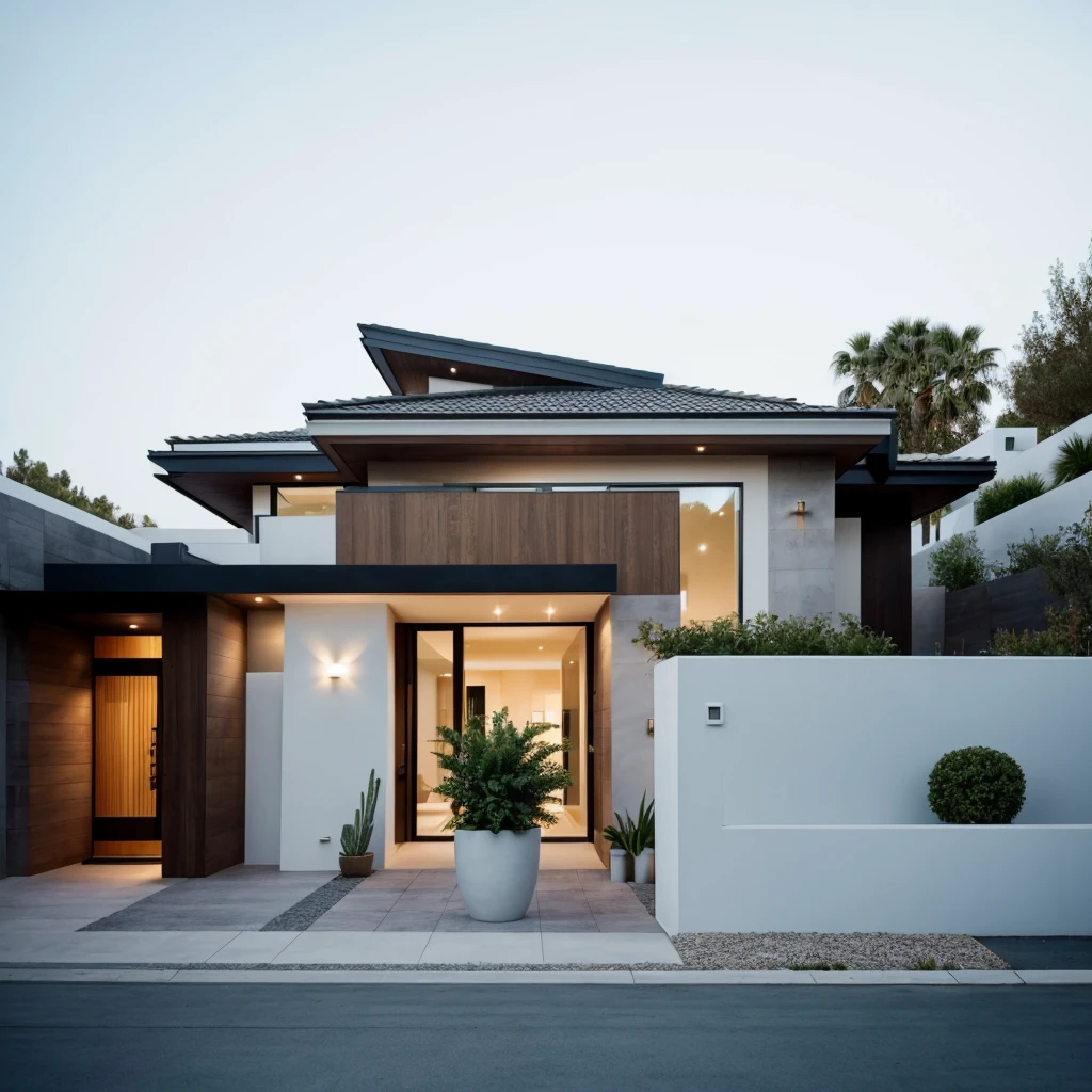 realistic photography. natural light. architectural Digest magazine quality photo. houzz photo. beautiful exterior looking into a front door. Ultra modern , curvy, luxury, ultra modern, plush home. flat roof, marbella, popular exterior home style. Scandinavian. entrance that has a curved wall which encompasses small front yard. white stucco. peaceful potted plants at entrance. sunny day.