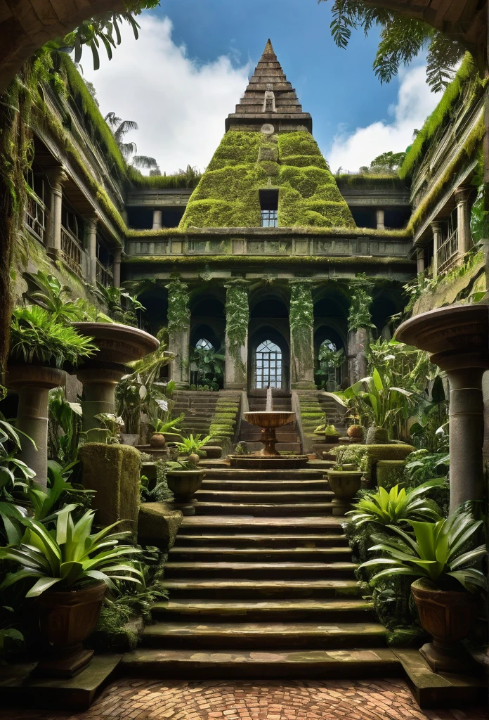 Please create a detailed image of Castelo Bruxo, a school of witchcraft and wizardry located in the tropical rainforest of South America.Main Elements:Location:Dense tropical rainforest with tall trees and lush vegetation surrounding the castle.Exterior Architecture:Main structure: large stepped pyramid made of green jade stone.Central staircase leading to the main entrance.Enchanted vines and moss partially covering the structure.Magical glyphs on the pyramid steps, emitting a soft glow.Interior of the Castle:Main Hall: High, vaulted ceiling with animated murals (history of South American magical civilizations). Colorful mosaic floor (scenes of the tropical rainforest). Carved wooden tables and chairs with bright fabric cushions.Library: Tall, dark wooden shelves filled with ancient books and scrolls. Floating candelabras illuminating the texts.Classrooms:Herbology: Enchanted glass greenhouses filled with rare and exotic plants.Magizoology: Outdoor area with magical creatures, surrounded by a magical force field.Transfiguration: Large rooms with walls that change shape and color, tables with enchanted objects.Dormitories:Four main towers representing elements: Earth (green and brown, living plants), Water (blue and silver, fountains and aquariums), Fire (red and orange, magical fireplaces), Air (white and gold, enchanted windows showing the sky).Gardens and Outdoor Areas:Hanging Gardens: Different levels of the pyramid, filled with medicinal plants and flowers.Main Courtyard: Large jade fountain with glowing enchanted water.Flying Training Area: Large field with floating rings and obstacles for broomstick training.Security:Magical guards: Caiporas and Kurupiras patrolling.Enchantments: Invisible magical barriers.Protective artifacts: Ancient totems scattered throughout the grounds.