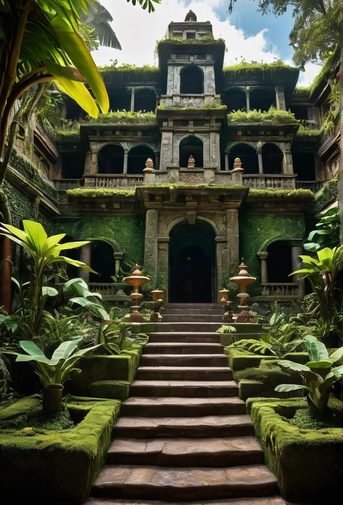 Please create a detailed image of Castelo Bruxo, a school of witchcraft and wizardry located in the tropical rainforest of South America.Main Elements:Location:Dense tropical rainforest with tall trees and lush vegetation surrounding the castle.Exterior Architecture:Main structure: large stepped pyramid made of green jade stone.Central staircase leading to the main entrance.Enchanted vines and moss partially covering the structure.Magical glyphs on the pyramid steps, emitting a soft glow.Interior of the Castle:Main Hall: High, vaulted ceiling with animated murals (history of South American magical civilizations). Colorful mosaic floor (scenes of the tropical rainforest). Carved wooden tables and chairs with bright fabric cushions.Library: Tall, dark wooden shelves filled with ancient books and scrolls. Floating candelabras illuminating the texts.Classrooms:Herbology: Enchanted glass greenhouses filled with rare and exotic plants.Magizoology: Outdoor area with magical creatures, surrounded by a magical force field.Transfiguration: Large rooms with walls that change shape and color, tables with enchanted objects.Dormitories:Four main towers representing elements: Earth (green and brown, living plants), Water (blue and silver, fountains and aquariums), Fire (red and orange, magical fireplaces), Air (white and gold, enchanted windows showing the sky).Gardens and Outdoor Areas:Hanging Gardens: Different levels of the pyramid, filled with medicinal plants and flowers.Main Courtyard: Large jade fountain with glowing enchanted water.Flying Training Area: Large field with floating rings and obstacles for broomstick training.Security:Magical guards: Caiporas and Kurupiras patrolling.Enchantments: Invisible magical barriers.Protective artifacts: Ancient totems scattered throughout the grounds.