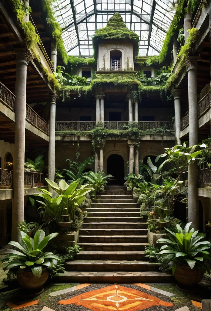 Please create a detailed image of Castelo Bruxo, a school of witchcraft and wizardry located in the tropical rainforest of South America.Main Elements:Location:Dense tropical rainforest with tall trees and lush vegetation surrounding the castle.Exterior Architecture:Main structure: large stepped pyramid made of green jade stone.Central staircase leading to the main entrance.Enchanted vines and moss partially covering the structure.Magical glyphs on the pyramid steps, emitting a soft glow.Interior of the Castle:Main Hall: High, vaulted ceiling with animated murals (history of South American magical civilizations). Colorful mosaic floor (scenes of the tropical rainforest). Carved wooden tables and chairs with bright fabric cushions.Library: Tall, dark wooden shelves filled with ancient books and scrolls. Floating candelabras illuminating the texts.Classrooms:Herbology: Enchanted glass greenhouses filled with rare and exotic plants.Magizoology: Outdoor area with magical creatures, surrounded by a magical force field.Transfiguration: Large rooms with walls that change shape and color, tables with enchanted objects.Dormitories:Four main towers representing elements: Earth (green and brown, living plants), Water (blue and silver, fountains and aquariums), Fire (red and orange, magical fireplaces), Air (white and gold, enchanted windows showing the sky).Gardens and Outdoor Areas:Hanging Gardens: Different levels of the pyramid, filled with medicinal plants and flowers.Main Courtyard: Large jade fountain with glowing enchanted water.Flying Training Area: Large field with floating rings and obstacles for broomstick training.Security:Magical guards: Caiporas and Kurupiras patrolling.Enchantments: Invisible magical barriers.Protective artifacts: Ancient totems scattered throughout the grounds.