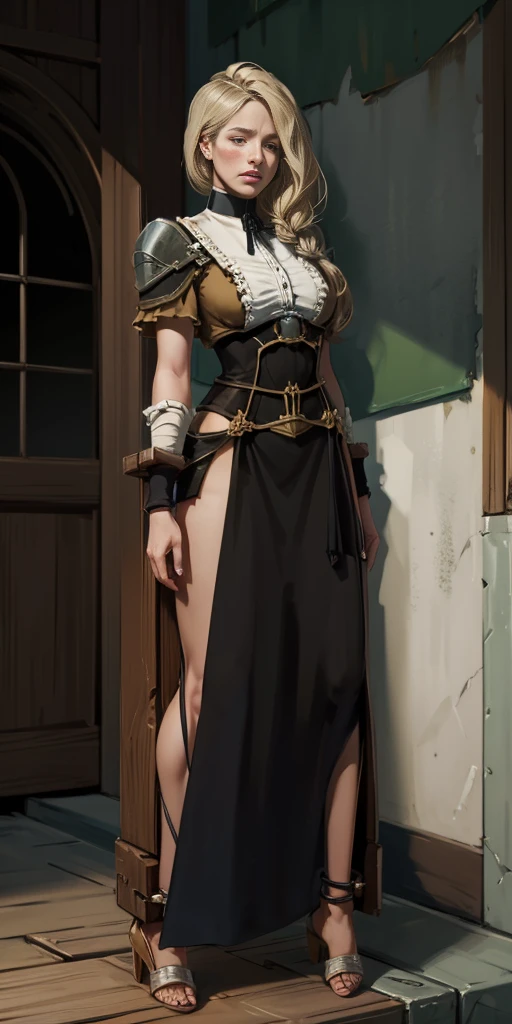 (masterpiece, best quality), intricate details, 1girl, Mercedes von Martritz from Fire Emblem (standing full body toe to head by wooden pole:1.2) iron collar, arms behind back, iron cuffs, shackles, bound, bondage outfit, harness, o-ring, bondage outfit blindfolded cover eyes, happy red cheeks, chain leash collar choker neck bell shackles wristbands bracers bracelets, cleave gag