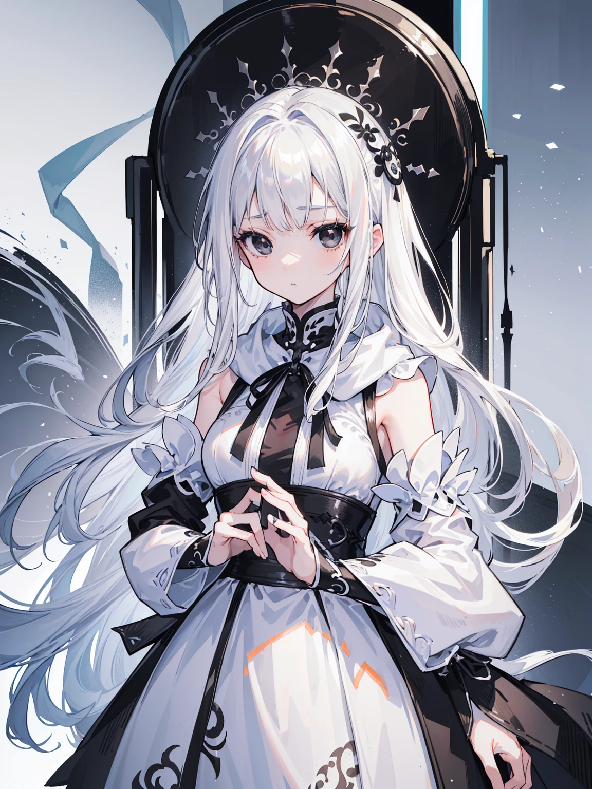 (Top image quality)、(Very detailed)、(Facing forward)、Top quality、masterpiece、(((1 girl )))、Silver Hair、White hair、((Long hair))、Weaving、(black eyes:1.6)、(White and black cheongsam)、Hooded dress、Lots of decorations、Lots of ribbons、White Ribbon、ruthless、Journey to the West、Fluffy loose hair