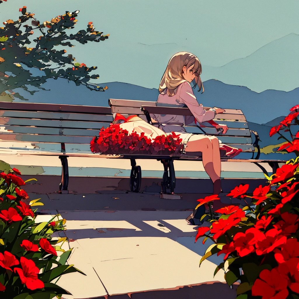 Light gray background Woman sitting on bench Red flowers Summer