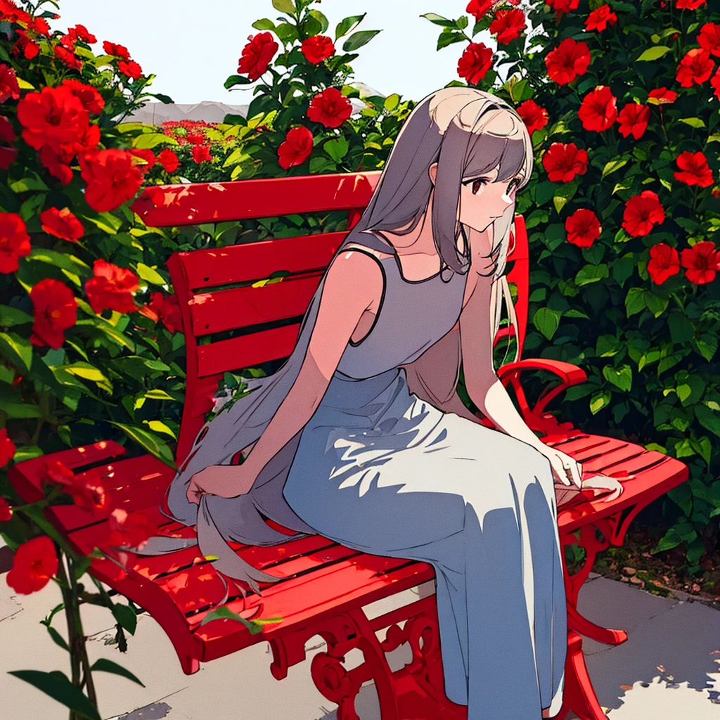 Light gray background Woman sitting on bench Red flowers Summer