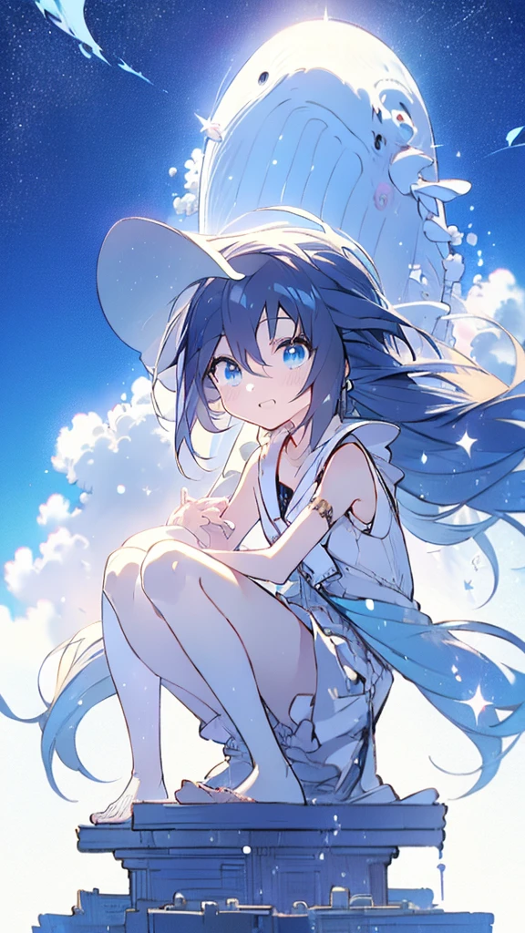 Seven-doppelganger shot,Anime style 4K,High quality anime art style,Standing painting,Splash ink background,Blue Themes、Pure white background,Buildings,Face close-up,Buildings,Moon and sun、Shining Star々,milky way,Bright Sky,Looking at me,Facing forward,Clear eyes and nose,cute,beautiful,Thin legs,sitting by the water, black hair, Blue eyes, girl, bob, front, cute,Blue Background,Long Hair,Whale flying in the blue sky,Buildings,whale,Black Hair,Night,暗い夜