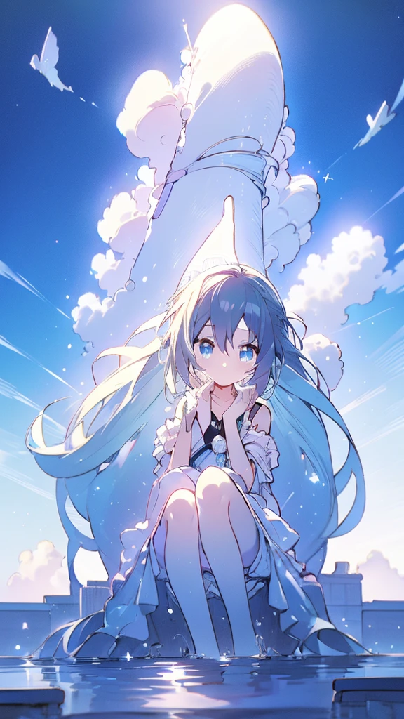 Seven-doppelganger shot，Anime style 4K,High quality anime art style，Standing painting，Splash ink background，Blue Themes、Pure white background,Buildings,Face close-up,Buildings,Moon and sun、Shining Star々,milky way,Bright Sky,Looking at me,Facing forward,Clear eyes and nose,cute,beautiful,Thin legs,sitting by the water, black hair, Blue eyes, girl, bob, front, cute,Blue Background,Long Hair,Whale flying in the blue sky,Buildings,whale,Black Hair,Night,暗い夜