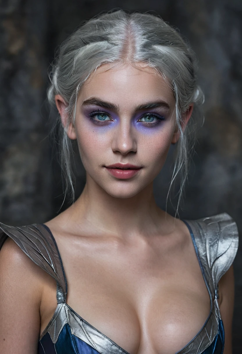 Portrait of a dark elf drow beautiful teenager, Sydney Cole, minthara, intricate dress, soft smile, huge natural lips, short silver white hair, blue-grey eyes, lavender colored skin, cleavage, huge heaving breasts, realism, digital painting, concept art, smooth, sharp focus, rule of thirds, Style-Psycho