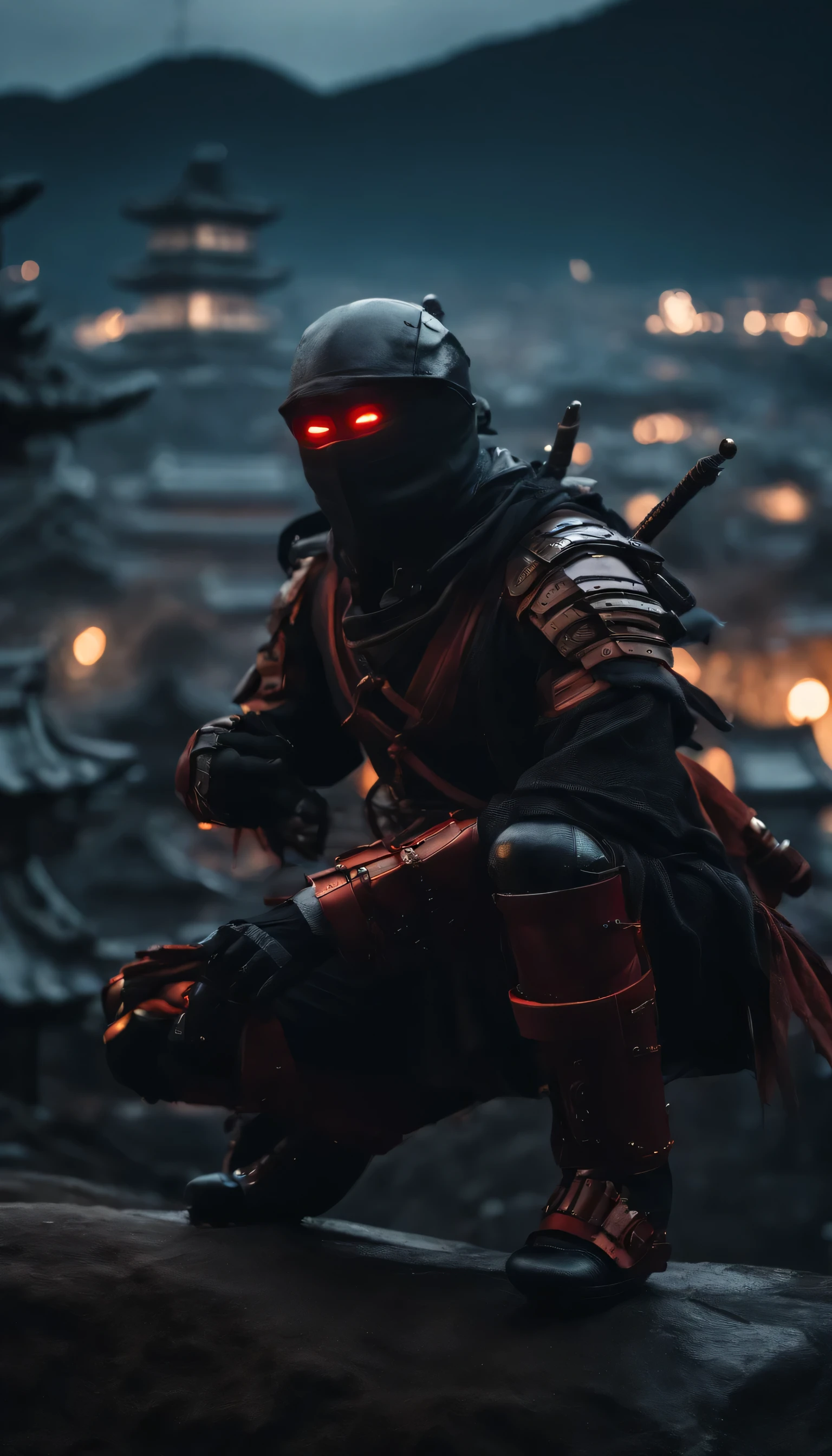 ninja shinobi cyberpunk cyborg robot .sitting on top of mountain next to temple.big thighs, at night, yasuke.Ninja wearing hat. moon,shinobi Cyborg. Red eyes, devil mask, rain. The dark night. Equipped with Sword at the back. Katana is in the back. Robots. Gear. screws. lamp. wire in the back. Catch monsters in alley.real. Tokyo. UE5 CGI