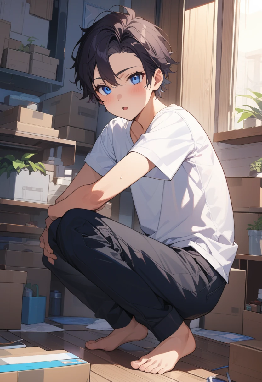 masterpiece, best quality, extremely detailed, ultra detailed, flat anime, 2D, ((1boy)),black hair, (short hair:1.5),blue eyes, height 1.7meters, (circle eyes:1.2), (young adult:1.2), Ear-length sideburns, long Sleeves, White T-shirt, barefoot, ((short sleeves)), ((long pants)), squatting, open mouth, summer, 12AM, livingroom,organizing the boxes., ((portrait)),full body