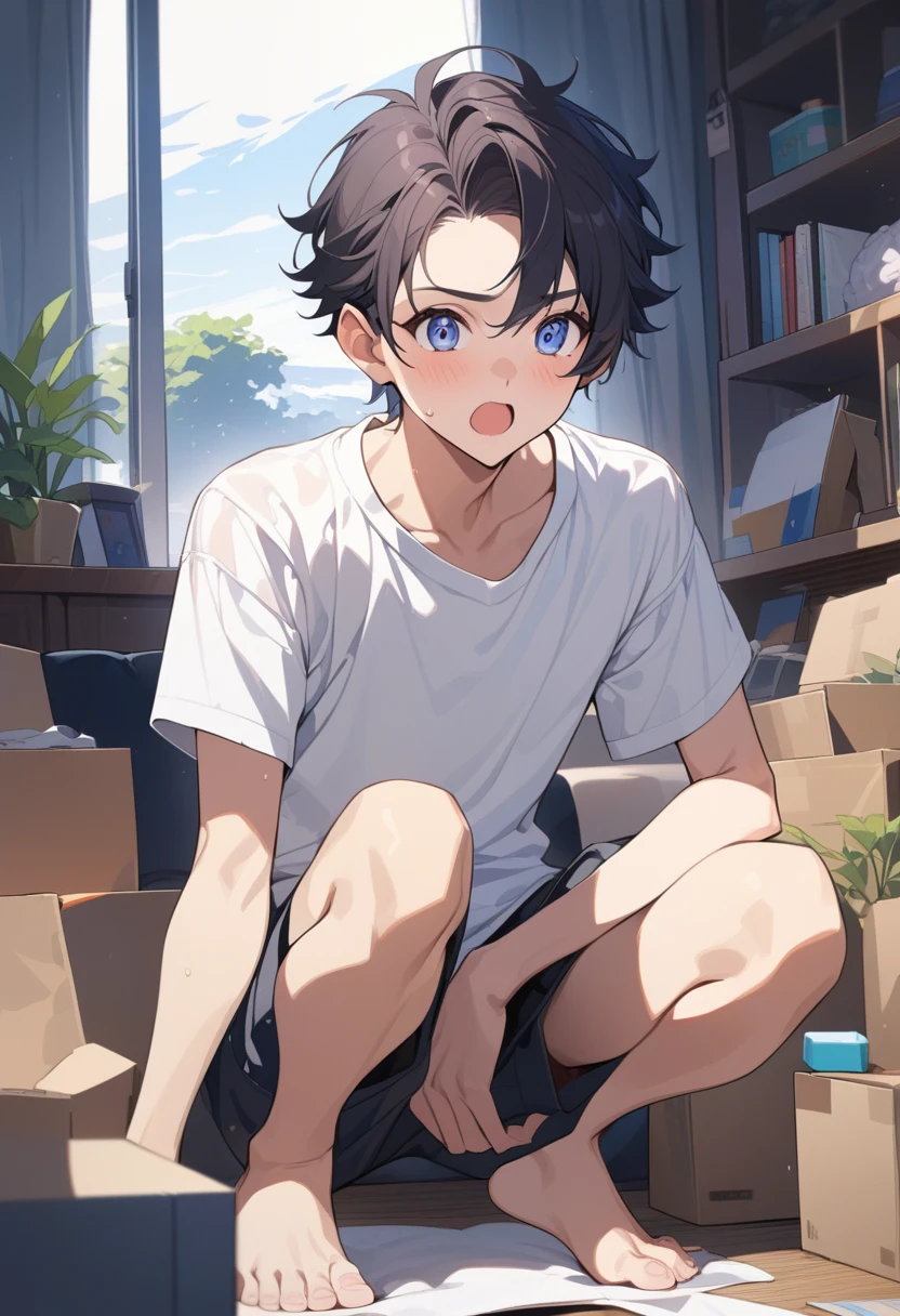 masterpiece, best quality, extremely detailed, ultra detailed, flat anime, 2D, ((1boy)),black hair, (short hair:1.5),blue eyes, height 1.7meters, (circle eyes:1.2), (young adult:1.2), Ear-length sideburns, long Sleeves, White T-shirt, barefoot, ((short sleeves)), ((long pants)), squatting, open mouth, summer, 12AM, livingroom,organizing the boxes., ((portrait)),full body