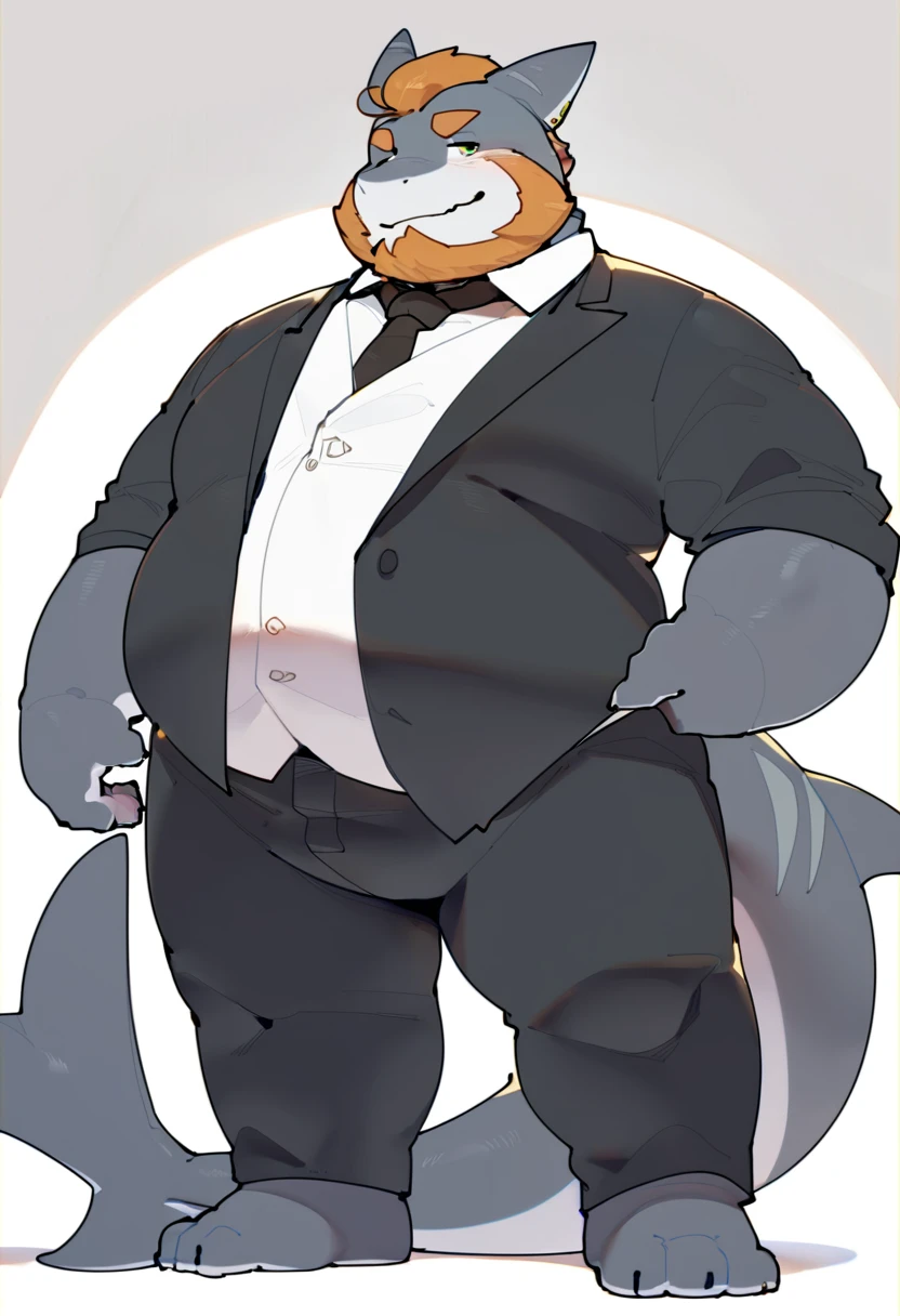 shark ,male,with beard,Wear a suit and be elegant,solo,anthro,fat,chubby,plump,yaoi,doujin,fullbody,white blank background,by quanjiang,