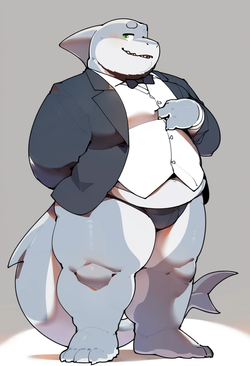 shark ,male,with beard,Wear a suit and be elegant,solo,anthro,fat,chubby,plump,yaoi,doujin,fullbody,white blank background,by quanjiang,