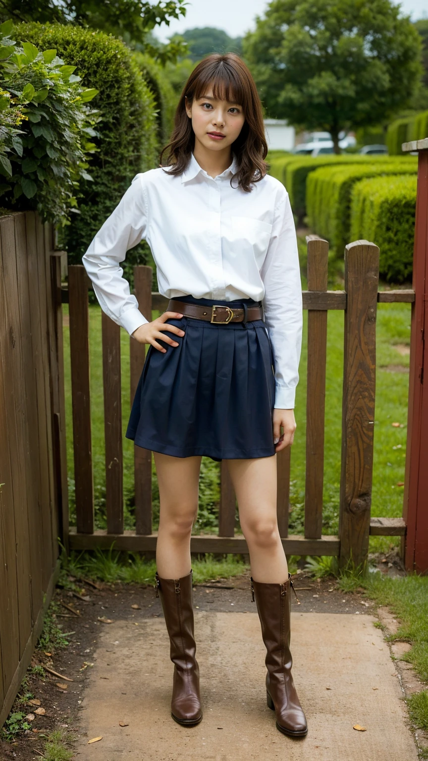 (8k、RAW Photos、Highest quality、masterpiece:1.2)、(Realistic、Realistic)、1 Girl、((suit、Black Mini Skirt、Curly Hair、boots、garden、View from the front、Looking at the camera、belt、Hands on your hips))、cute