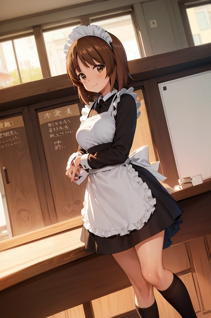 1girl, solo, girls und panzer, nishizumi miho,  brown eyes, brown hair, short hair, (maid uniform:1.4),closed mouth,happy,indoors, cafe 