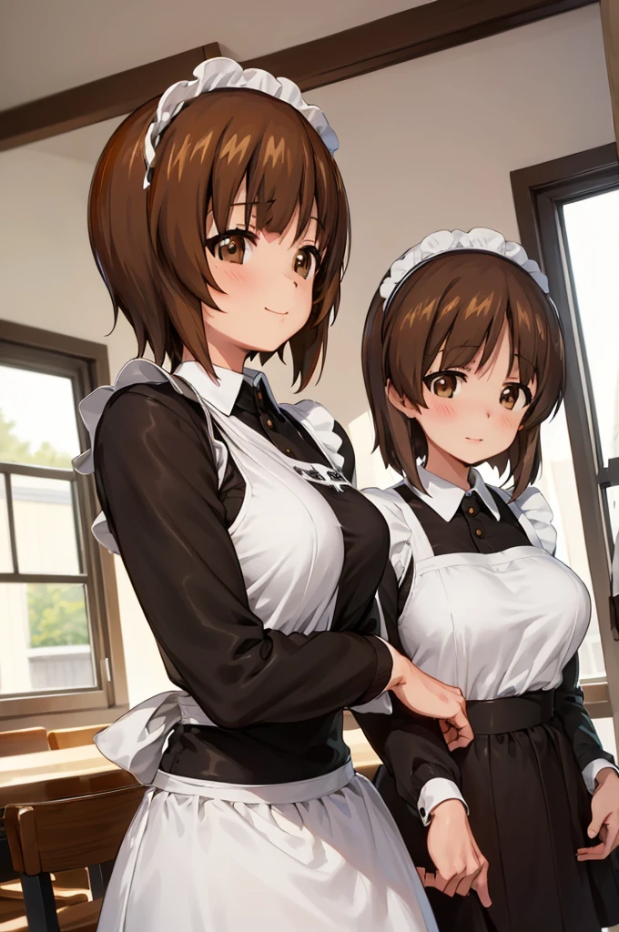 1girl, solo, girls und panzer, nishizumi miho,  brown eyes, brown hair, short hair, (maid uniform:1.4),closed mouth,happy,indoors, cafe 