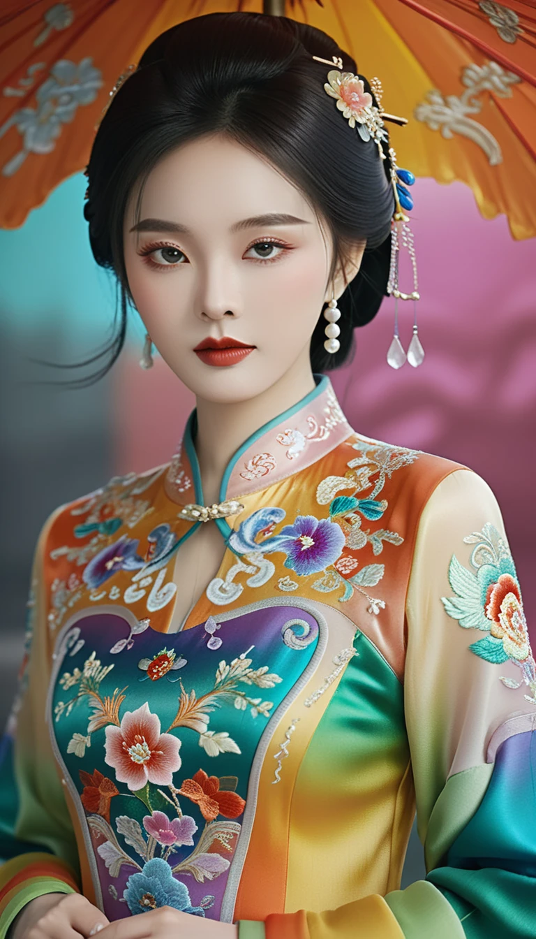 Highest quality, Incredibly absurd, Very detailed, 2.5D, delicate and dynamic, Beautiful woman, Intelligent and cool beauty, Captivating look, Tighten your hair, She is wearing a rainbow-colored cheongsam with intricate and luxurious embroidery and gradient sleeves., Shiny satin fabric, accessories, Best body shape, Gorgeous and luxurious effects, Background aristocratic society